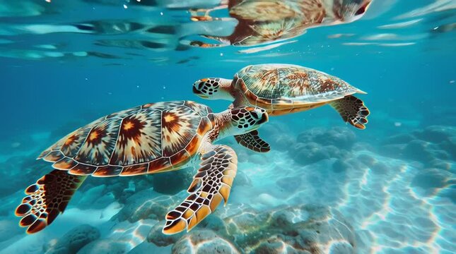 Undersea Turtle Serenade: Two sea turtles glide effortlessly through the crystal-clear waters, their shells showcasing intricate patterns as they bask in the ocean's gentle embrace.