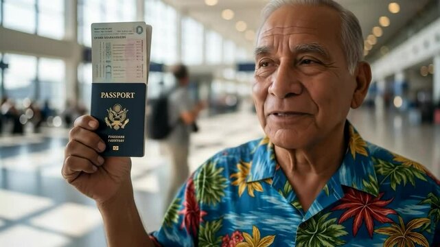 Latin Senior Man Holding Passport and Boarding Pass at Airport and speaking