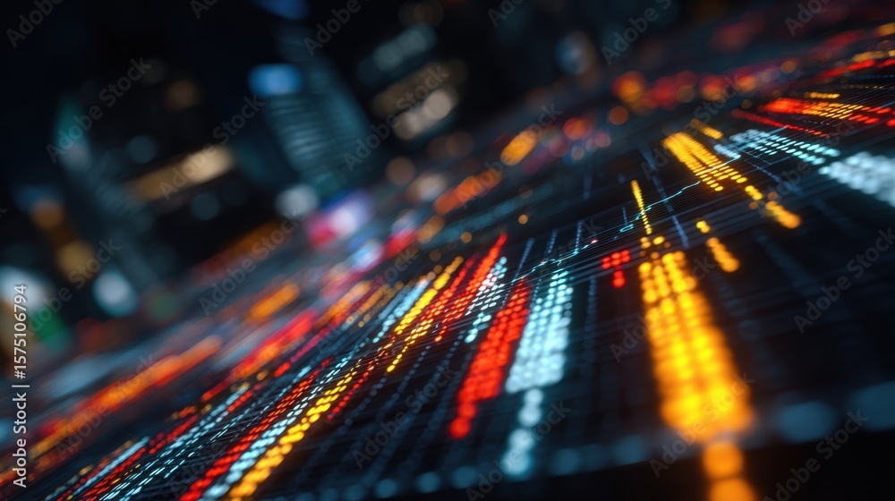 Poster abstract representation of financial data trends featuring an array of bright colors and animated li