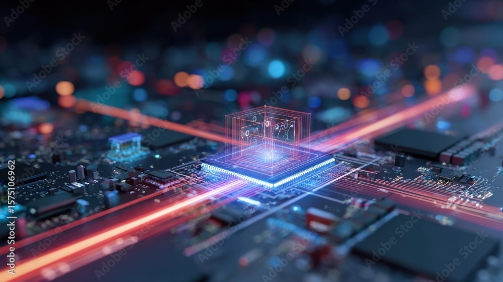 Poster vibrant visualization of an ai chip with laser beams emanating from it connecting to various digital