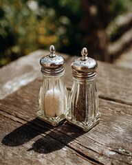 Refined Contrast of Salt and Pepper Shakers on Rustic Wooden Table
