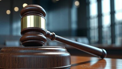 Close-up of a wooden gavel resting on a wooden block in a courtroom setting. The background features blurred elements of the courtroom and diffused light - Powered by Adobe