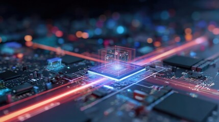 Vibrant visualization of an AI chip with laser beams emanating from it connecting to various digital interfaces. Captures the dynamic nature of AI technology and its impact on communication