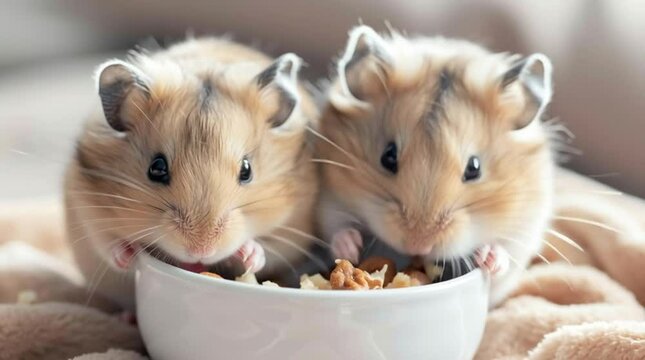Pair of Hamsters Enjoying a Meal: Two adorable hamsters sit side by side, sharing a bowl of delicious food, capturing a moment of companionship and contentment.