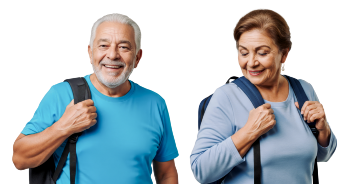 Happy Latin Senior Couple with Backpacks