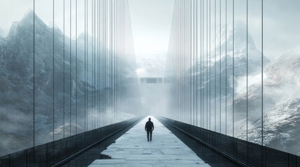 Obraz premium Solitude on a Bridge: A Journey into the Mountainous Unknown