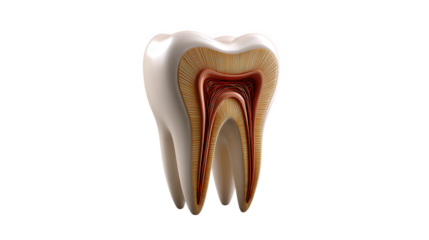 Detailed anatomical crosssection of a molar tooth showcasing enamel, dentin, and pulp isolated on transparent background