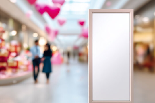Framed white billboard in shopping mall with pink Valentine’s Day decorations and blurred couple, romantic holiday advertisement mockup for seasonal sales and event promotion