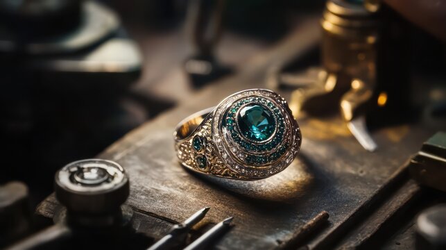 Jewelry designer crafting a custom ring with gemstones and fine tools at a workbench