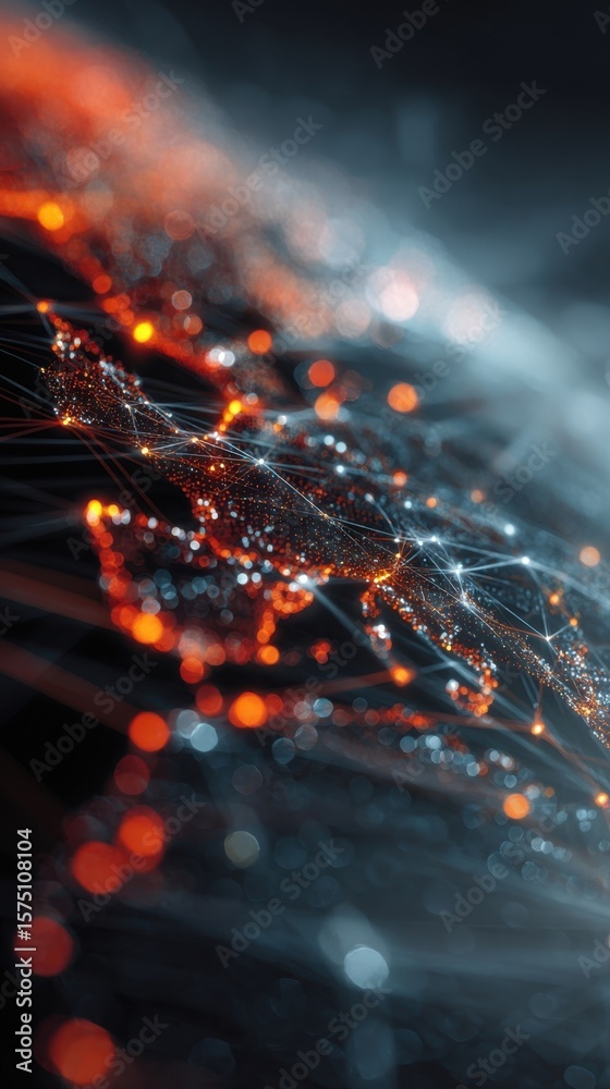 Poster an artistic interpretation of data exchange in a global network. featuring blurred digital nodes and