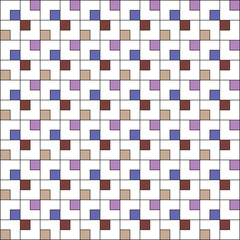 Grid of black squares on a white background, with small squares coloured in purple, violet, brown and taupe