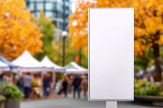 White standing billboard on city sidewalk with tents and autumn foliage, blank outdoor signage for seasonal farmer's market or urban festival advertisement and branding