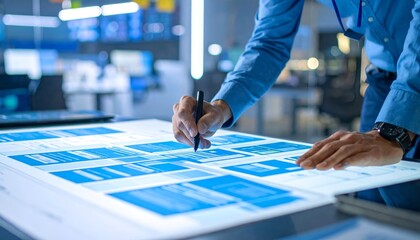 Architect reviewing blueprints on illuminated table in modern office space