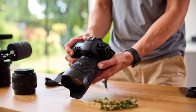 Photographer Inspecting Camera Lens on Wooden Table with Additional Equipment