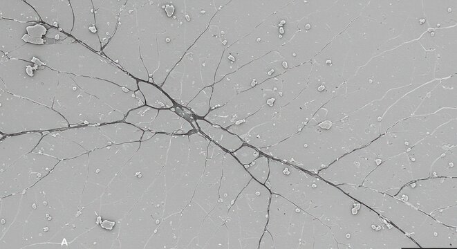 Microscopic analysis of a fractured surface revealing a network of interconnected cracks