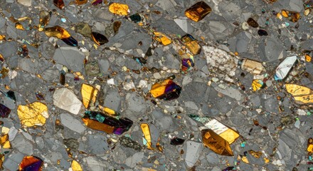 Obraz premium Microscopic view of rock formation showcasing diverse mineral structures and colorful crystal