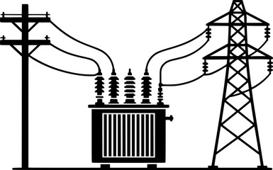 A simple, black and white illustration of a power transmission system, depicting a utility transformer and supporting power poles and lines.