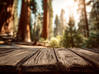 Wooden Surface with Blurred Redwood Forest Background