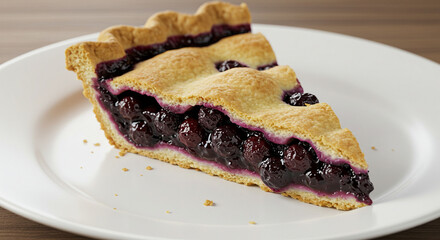Close-up of a slice of blueberry pie on a white plate