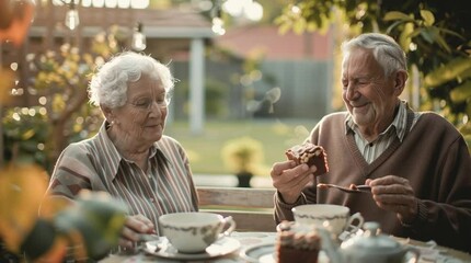 Golden Years Shared: A tender moment between a senior couple, enjoying a delightful afternoon tea in their garden, their faces etched with a lifetime of shared experiences and love.