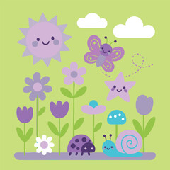 In a garden, a butterfly, ladybug, snail, star, and sun shine