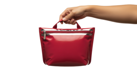 A hand holding a shiny red cosmetic bag with silver zipper and handles against a black background
