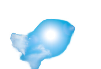 Blue light cloud burst with glowing sun flare on white background

