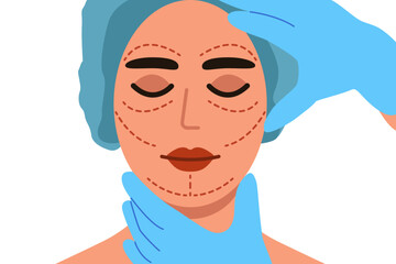 Plastic surgery design concept with young girl face and doctor hands 