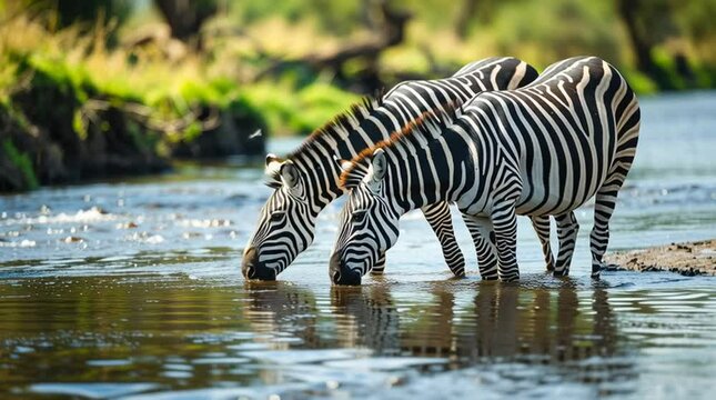 Zebra Serenity: Two zebras drink water, reflecting nature's harmony in an African river.