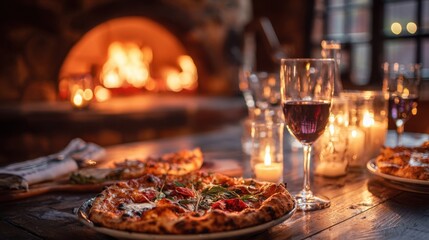 Warm romantic ambiance of a candlelit table featuring gourmet pizza slices beside a woodfired oven highlighting the blend of culinary delight and rustic charm for intimate dining advertising