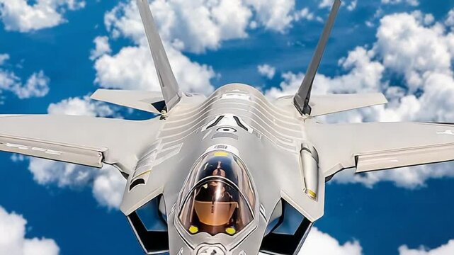 F-35 Lightning II flying high above clouds in a stunning aerial view, showcasing speed and power