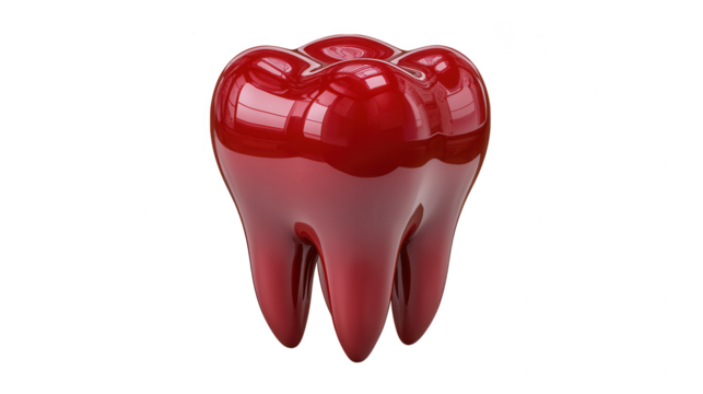 A vibrant red molar tooth isolated on transparent background, representing dental health and hygiene in a modern graphic design