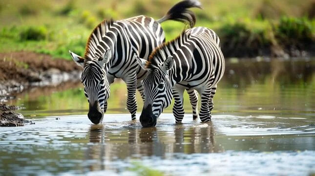 Two Zebras Drinking Water: Two zebras with iconic black and white stripes drink from a tranquil body of water, their reflections mirrored in the calm surface, capturing a moment of serene wildlife.