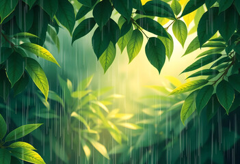 Tropical Rainforest Foliage in Rain with Sunlight Filtering Through Leaves

