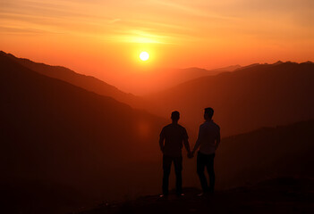 Silhouette of Romantic Couple Watching Sunset Over Mountain Landscape

