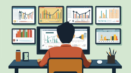 Professional Man Analyzing Computer Statistics in Flat Vector Style
