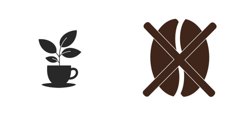 Caffeine-free coffee cup with plant and crossed coffee beans logo, monochrome vector icon, transparent background. Decaf coffee, healthy beverage, natural product, beverage symbol, coffee shop