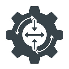 Obraz premium Gear with flow arrows, circular motion concept, monochrome vector illustration, transparent background. Process, workflow, circulation, data flow, system mechanics, operation cycle