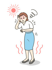 熱中症を起こしめまいでふらつく若い女性のイラスト
