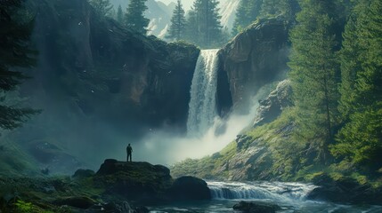 Adventurer near a dramatic forest waterfall, mist rising in soft natural light