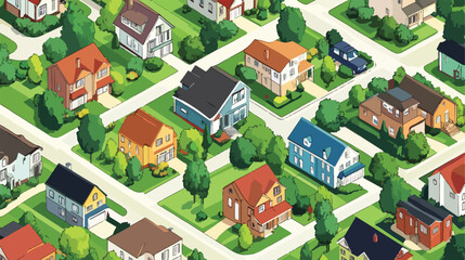 Isometric Neighborhood with Houses, Trees, and Gardens