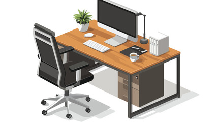 Modern Isometric Office Desk with Monitor and Coffee Cup