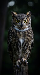 Fototapeta premium A portrait of a great horned owl perched on a wooden stump with a dark blurred background behind it