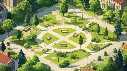 Serenity Isometric Park with Trees, Benches, and Pathways