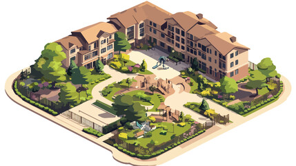 Modern Isometric Residential Area with Houses and Lush Garden