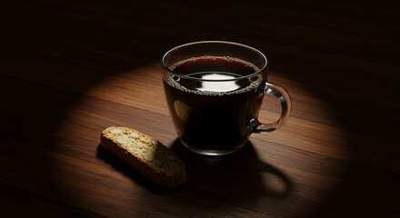 Cup of black coffee in a dark wooden table, with a biscotti on the side