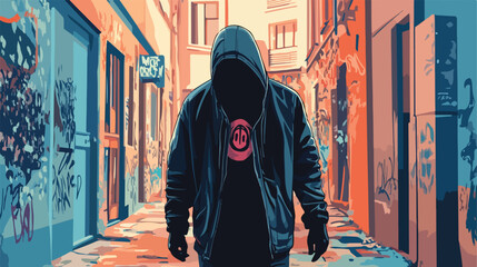 Urban Hooded Hooligan Walking Through City Streets Leaving Graffiti