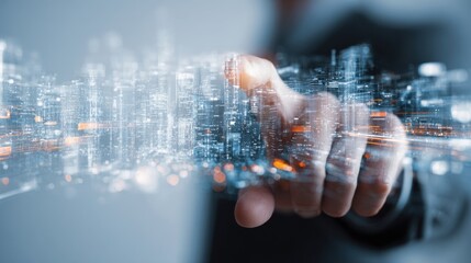 A focused entrepreneur utilizing a sleek tech interface with a bustling city background symbolizing innovation capturing the essence of modern data management in a digitalfirst business