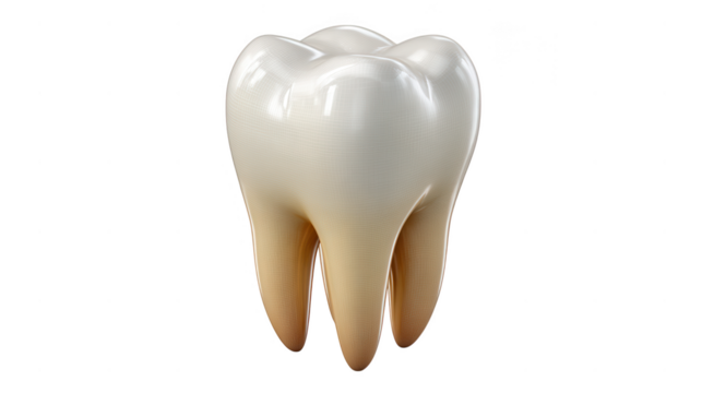 A detailed molar tooth with visible roots isolated on transparent background, ideal for dental and anatomical illustrations