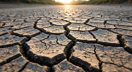 A close up view of dry cracked earth with the sun setting in the background creating a warm glow
